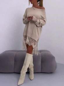 Women's Beige Lace-Edged V-Neck Pullover - Loose Fit Pullover With Layered Lace Edges, Suitable For All Seasons As A Casual Sweater, Transitions From Dresses To Pants, Machine Washable, Ideal For Christmas And Halloween Gifts - 杏色 - 查看 4