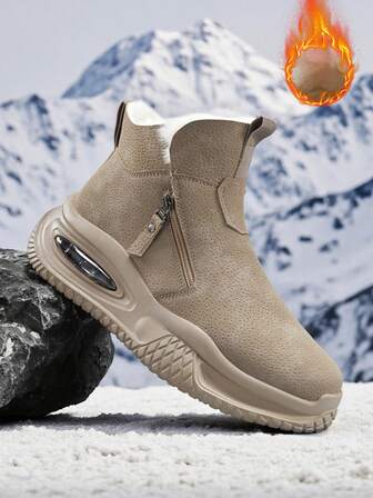 Men's Snow Boots, Winter Plush Lining, Sports Cushion Sole, High-Top, Outdoor Anti-Slip, Warm, Skiing Training Shoes, Versatile Leather, Comfortable Fur Lining, Outdoor Sports Running Thick Bottom Shock-Absorbing Snow Boots