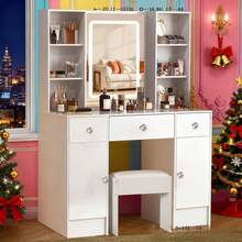 Weiß Schminktisch Frisiertisch und Hocker Spiegel LED Beleuchtung Kosmetiktisch - Weiss - Übersicht 5