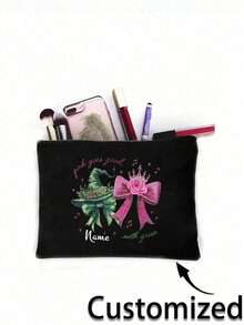 [Customized Name] Black Travel Pouch With Pink Glitter Accents - Lightweight Makeup Bag For Women, Wicked Witch & Wizard Of Oz Inspired, Zippered Toiletry Organizer, Ideal Gift For Daughter, Makeup Travel Bag