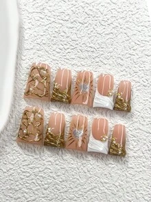 10片裝時尚手工穿戴甲，Polygel美甲套組，手繪愛心與放射光芒設計，金白色指甲油，精緻風格，附美甲工具，3種尺寸可選，杏仁形、鴨嘴形、棺材形，適合派對、舞會、日常配戴 - 彩色 - 查看 14