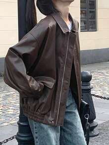 Chaqueta de cuero marrón vintage para mujer Chaqueta de cuero oversize estilo coreano Chaqueta motera elegante - Marrón - Ver 5