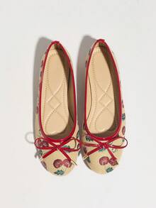 Women's Ballet Shoes, Slip-On Round Toe Casual Loafers With Cherry Blossom & Bow Design, Suitable For Dresses - Apricot - View 7
