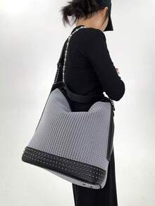 Y2K Rivet Street Splicing Shoulder Bag, Large Capacity Mesh Retro Splicing Bucket Bag, Personalized Detachable Chain Rivet Shoulder Strap, Very Suitable For Daily Use And Gatherings - Silver - View 7