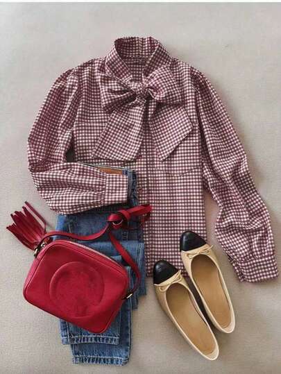 Red Plaid Picnic Style Long Sleeve Blouse For Women, Tie Cuff, Casual Everyday Wear, Suitable For Breakfast, Commute, All Seasons