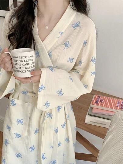 Women's Bathrobe, Kimono Style Sleepwear, Minimalist European Long Sleeve Robe, Sweet & Cute, Full Size Range, Pink Bow Decor, Lightweight Solid Color Pajamas, Fashionable Loungewear, Warm Winter Home Decor
