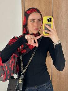 1件装女士波西米亚渐变玫瑰印花单面头巾，秋冬街头风围巾，适合日常佩戴 - 紅色 - 查看 4