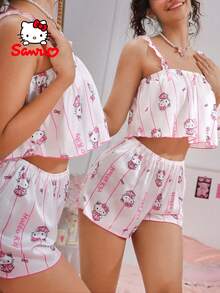 Sanrio 2 Pieces Women's HelloKitty,Pink&White,Ruffled Edge,Spaghetti Strap Top,Sleepwear,Cute Sleep Set,Loungewear Set ﻿ - White - View 1