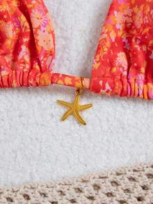 wohenmeili Bộ đồ bơi bikini hở lưng họa tiết hoa gợi cảm đi biển mùa hè dành cho nữ - Đế màu đỏ cam - Xem 10
