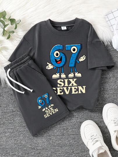 男童休闲字母卡通印花短袖T恤和短裤套装（2件套）