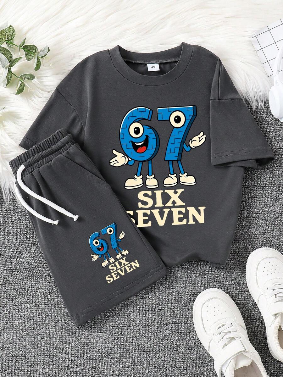 Young Boy Letter & Cartoon Print Round Neck Short Sleeve T-Shirt And Shorts Casual Set - Dark Grey - View 1