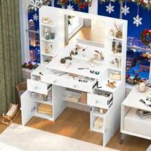 White Makeup Vanity Table Set With 10 Lights Mirror And 6 Drawers Dressing Desk - trắng - Xem 6