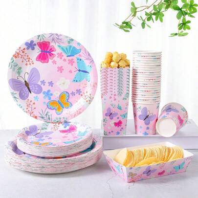 色彩缤纷的花卉蝴蝶图案一次性餐盘、杯子、爆米花盒、食品容器套装，适合24位客人，一次性纸盘派对餐具套装，适用于生日、婚礼、派对、家庭野餐