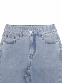 Womens Casual Long Denim Flare Leg Jeans With Button Pocket Zipper Detailing Medium Stretch Fabric For Everyday Wear - 藍色 - 查看 9