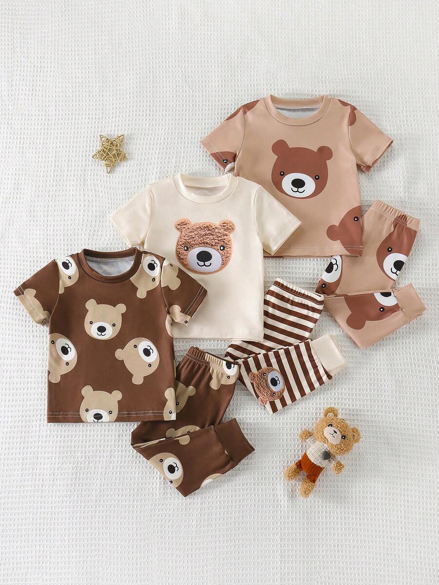 6件套可爱男宝宝春夏罗纹面料小熊图案条纹小圆领/棕色杏色短袖上衣+修身长裤休闲时尚套装，可爱男宝宝罗纹家居服，男宝宝春夏服装，休闲风格适合度假、日常休闲和居家穿着等。 - 彩色 - 查看 1