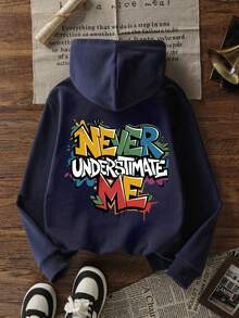 一件青少年男童保暖连帽衫，带标语印花，适合青少年学生穿着，秋冬季长袖上衣 - 藏蓝色 - 查看 5