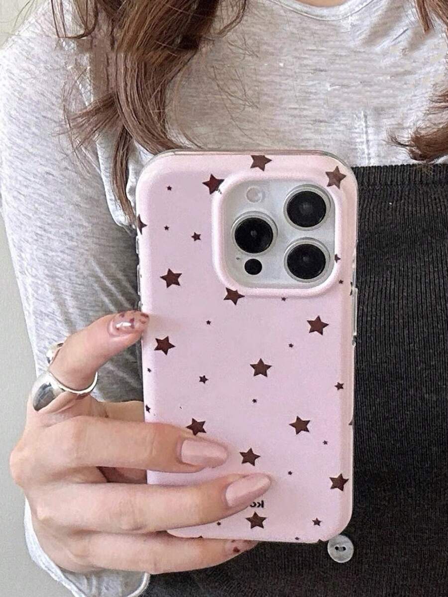 粉色星形图案时尚手机壳,复古黑棕色玳瑁纹箔面质感,兼容 16 Pro Max、Apple 15、软壳14(新款)、12 Pro、13 Pro Max,防摔保护套,女士春季生日礼物 - 粉色 - 查看 1