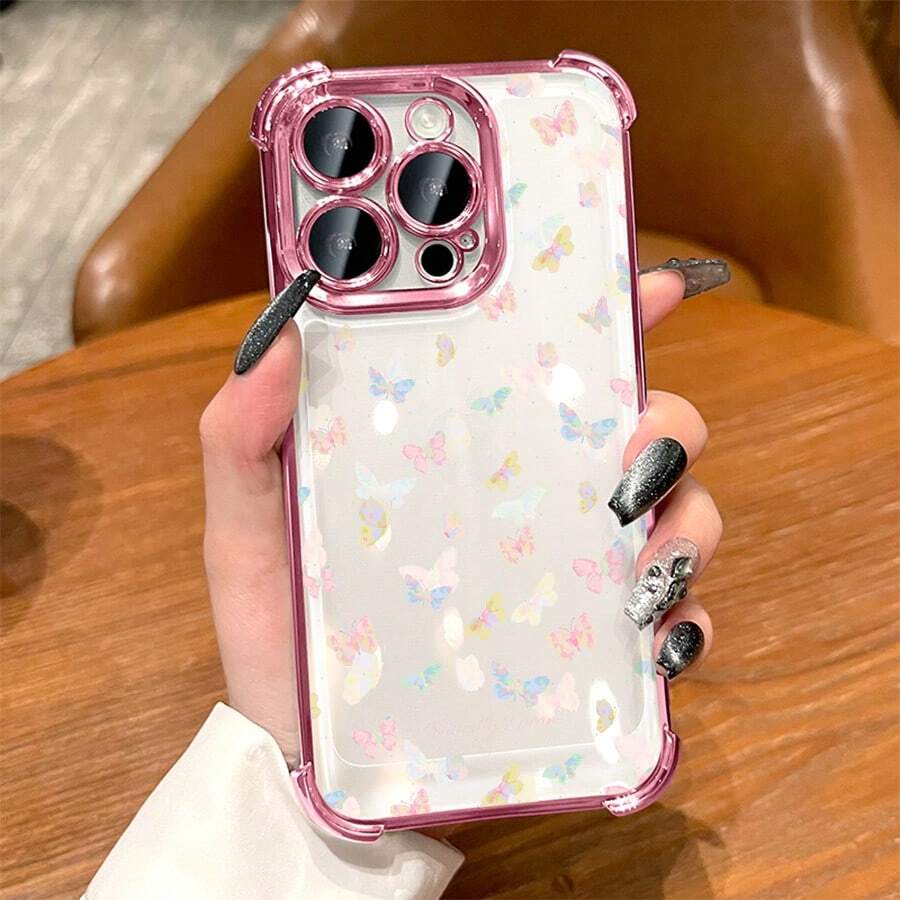 Flower Butterfly Patterned Transparent Four-Corner Electroplated Airbag TPU Soft Shell Is Compatible For IPhone 17 Pro Max/Air/16/15/14/13/12/11/X/XS. For Samsung S22/S23/S24/25. It's An Ideal Gift For Christmas And Valentine's Day, Perfect For Boyfriends, Girlfriends, And Family. - 粉色 - 查看 1
