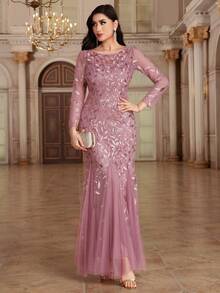 Long Sleeve Contrast Floral Sequin Mesh Fitted Elegant Evening Gown, Mermaid Hem Party Formal Dress, Mother Of The Bride Dress, Wedding Guest Dress, Suitable For Graduation Ceremony, Banquet, Birthday Party - Dusty Pink - View 5