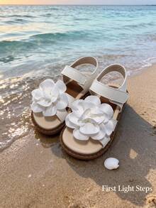 夏季新款！女童珍珠凉鞋，舒适防滑软底平底沙滩鞋，魔术贴设计 - 白色 - 查看 5