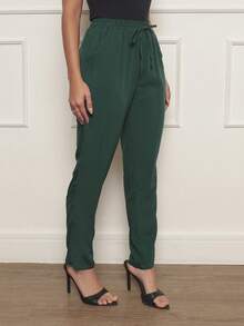 Memory Women's Plain Pants With Pockets In Viscose / Viscose Linen - Màu xanh lá cây đậm - Xem 4