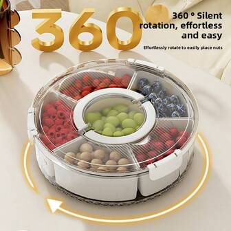 Divided Serving Tray With Lid And Handle, Stackable Snackle Box Container For Fruits Candy Organizer, Portable Spinning Rounded Veggie Tray For Kitchen, Party, Trave And Picnic