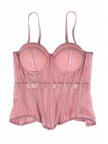 女士纯色束身胸衣式露背网纱吊带背心（含胸罩），秋冬休闲内衣 - 粉色 - 查看 4