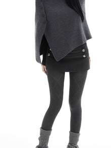 经典黑色羊毛混纺纽扣装饰A字迷你裙，休闲简约设计