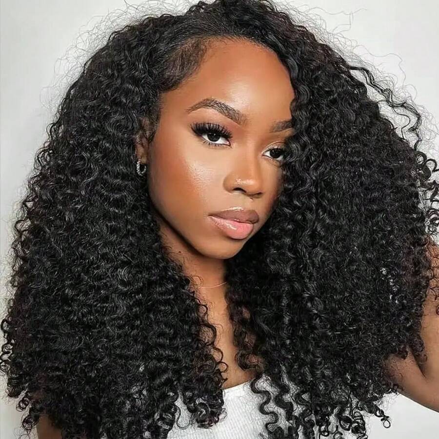 3 In 1 Half Wigs Glueless Human Hair JC Afro Kinky Curly Half Wig With Drawstring Kinky Curly Wigs Human Hair Natural Hairline  No Sew In Beginner Friendly - Natural Black - 查看 1