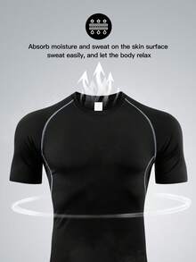 男士压缩短袖紧身健身T恤，打底运动上衣 - 黑色 - 查看 5