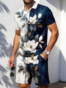 男士印花撞色短袖 Polo 衫和斜插口袋短裤套装 - 彩色 - 查看 1