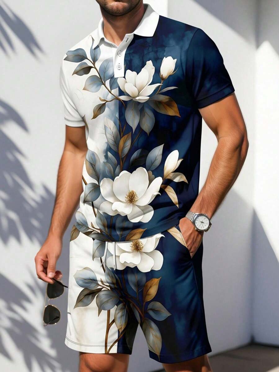 男士印花撞色短袖 Polo 衫和斜插口袋短裤套装 - 彩色 - 查看 1