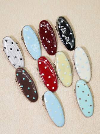 10pcs Y2K Cute Polka Dot Oval Hair Clips For Women, Bangs/Side Fringe Hairpins, Random Color Assorted, Claw Clips, Hair Slide, Hair Barrettes