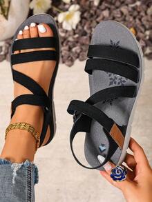 New Women's Versatile Contrast Color Hook And Loop Thick Sole Sandals, Suitable For Outdoor And Indoor Wear, Spring/Summer - Black - View 9