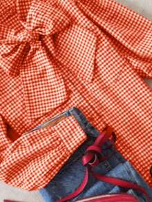 Red Plaid Picnic Style Long Sleeve Blouse For Women, Tie Cuff, Casual Everyday Wear, Suitable For Breakfast, Commute, All Seasons Spring Vacation - Orange - View 3