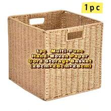 1pc Paper Rope Woven Square Storage Basket With Transparent Window And Handle, Foldable, Space-Saving, Natural Material, Suitable For Bedroom, Kitchen, Bathroom, Toy Storage, Organizer Box, Multi-Purpose Storage Box For Clothes, Blankets, Miscellaneous Items, Practical And Decorative. - Khaki - View 9