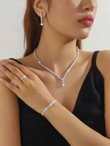 Juego de joyería de 5 piezas con gota de agua incrustada de lujo con rhinestones, que incluye collar, aretes, pulsera y anillo, elegante y de moda para boda, fiesta y uso diario - Plateado - Ver 6