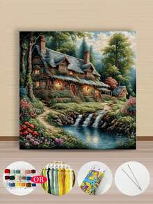1 幅无框十字绣图案(40 * 40 厘米/15.7 * 15.7 英寸),森林中的木屋,11CT/14CT 印花十字绣 DIY 套装,适合成人和初学者轻松 DIY 十字绣,是卧室和客厅墙面装饰的完美之选。套装包含印花画布、绣针、绣线、图案和说明书。 - 彩色 - 查看 3
