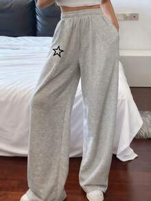 1 件女童/青少年休闲百搭百搭懒人星星印花裤，秋冬