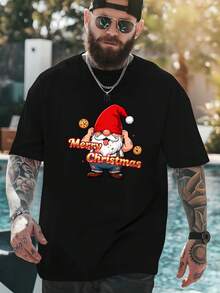 Men's Plus Size Oversized Christmas T-Shirt - Santa & Mrs Claus Graphic Print, Short Sleeve Loose Fit Casual Tee With Merry Christmas Lettering, Holiday Party Outfit (Beige/ Yellow) - Summer Weight For Big & Tall, PLUS SIZE - Black - View 2