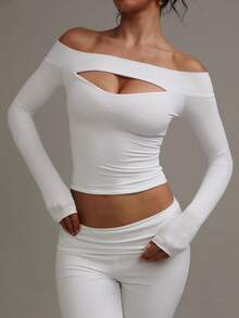 XLLAIS 2025 Autumn/Winter Women's Sexy Long Sleeve White Off-Shoulder Top, High Stretch Hollow Out Fitted T-Shirt - White - View 2