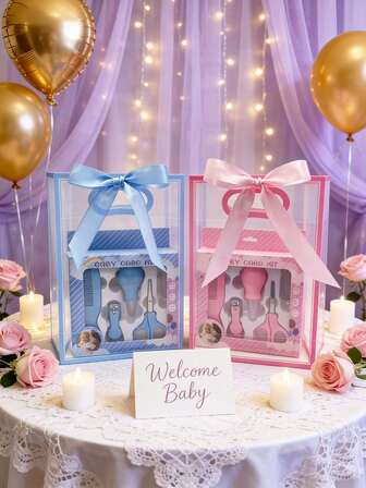 6pcs Transparent Gift Bags With Satin Ribbons, Including Bow Gift Bags, Baby Care Comb, Nail Clipper, Finger Toothbrush, Party Favor Bags, Suitable For Baby Shower Parties, Reusable PP Flower Bags For Weddings, Brides, Birthdays, Baby Showers