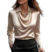 Blusa de satn de seda para mujer, elegante camisa de trabajo de manga larga, elegante y informal de negocios para oficina - Champán + M - Ver 1