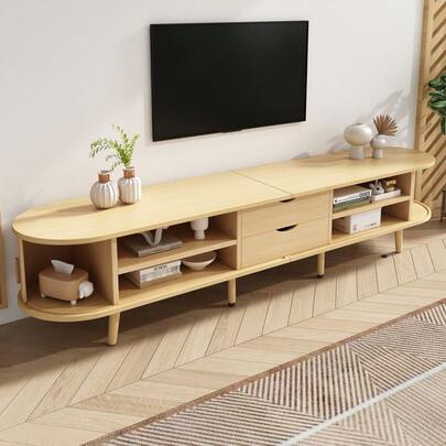 Mueble de TV para sala de estar con espacio de almacenamiento + Tapa de mesa redonda de madera MDF con veta, 2 cajones, capacidad de carga de 30 kg, tamaño 175 x 40 x 42 cm