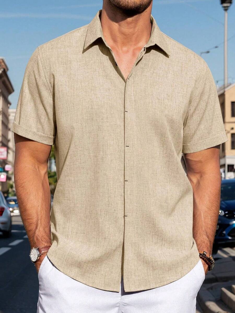 Mens Linen Shirt Classic Button Down Shirt Lightweight Casual Short Sleeve Blouse Holiday Summer Tops With Pocket - 石頭色 - 查看 1