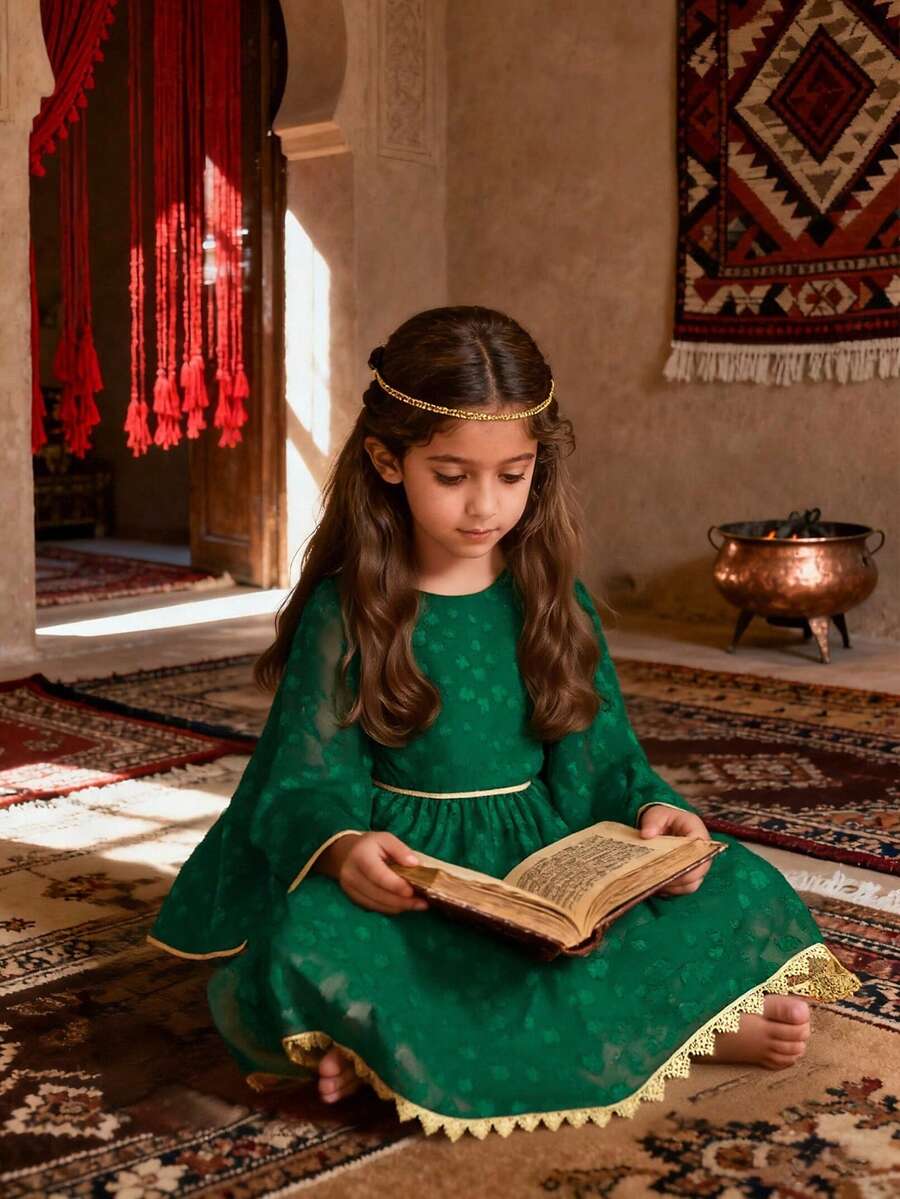 Vihyde 1件中东风格提花饰边薄纱喇叭袖连衣裙，适合青少年女孩，橄榄绿 - 綠色 - 查看 1