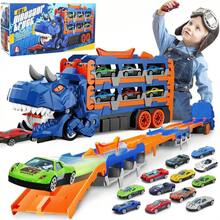 一套儿童恐龙终极运输卡车轨道玩具套装，包含恐龙运输卡车、12辆合金小车、可折叠滑轨、可变形霸王龙，是送给男孩的最佳生日/圣诞节/情人节/开学礼物。