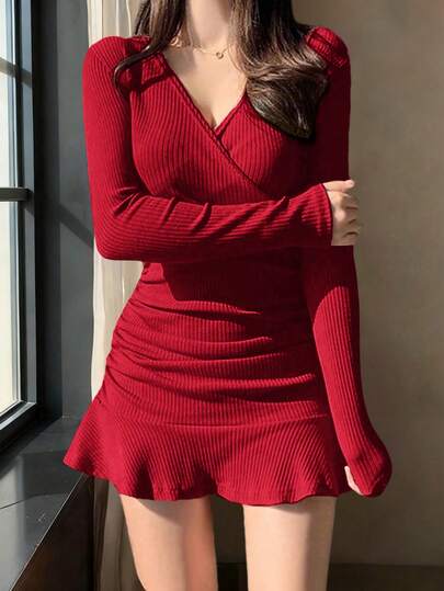 女士休闲性感纯色V领长袖荷叶边修身美人鱼连衣裙性感可爱风格万圣节服装