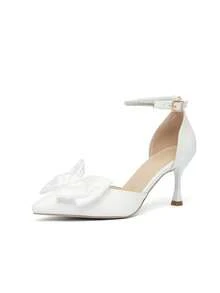 Women's New Fashionable Elegant Minimalist White Bow Pointed Toe Stiletto High Heel Shoes, Suitable For Wedding And Party - White - View 1