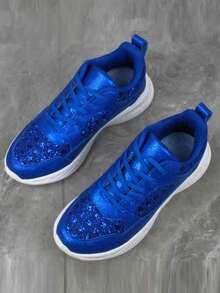Women's Lace-Up Comfortable Casual Sports Shoes, Sequin Design Fashion Sneakers, Lightweight Running Shoes - Blue - View 7
